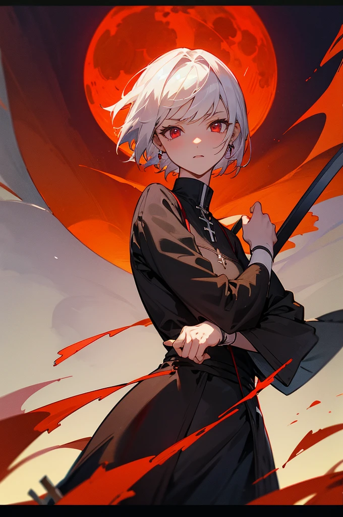 white-haired girl,short haircut, side bangs, gray dark purple leather, Red eyes, cross earring, occultist outfit, dagger in hand,Full-length, Static Pose, A Close Look, night, The light from the lantern, against the backdrop of a medieval street and dark gates Black sky, illuminated by the scarlet moon., wheat field with swords stuck in the ground, manga style, Greek