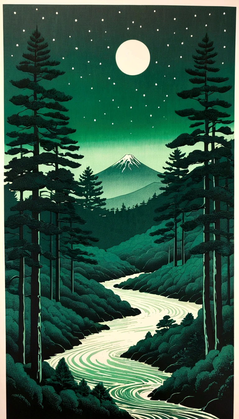 risograph, Hokusai, dark green, conifer forests, night, distant horizon minimalism