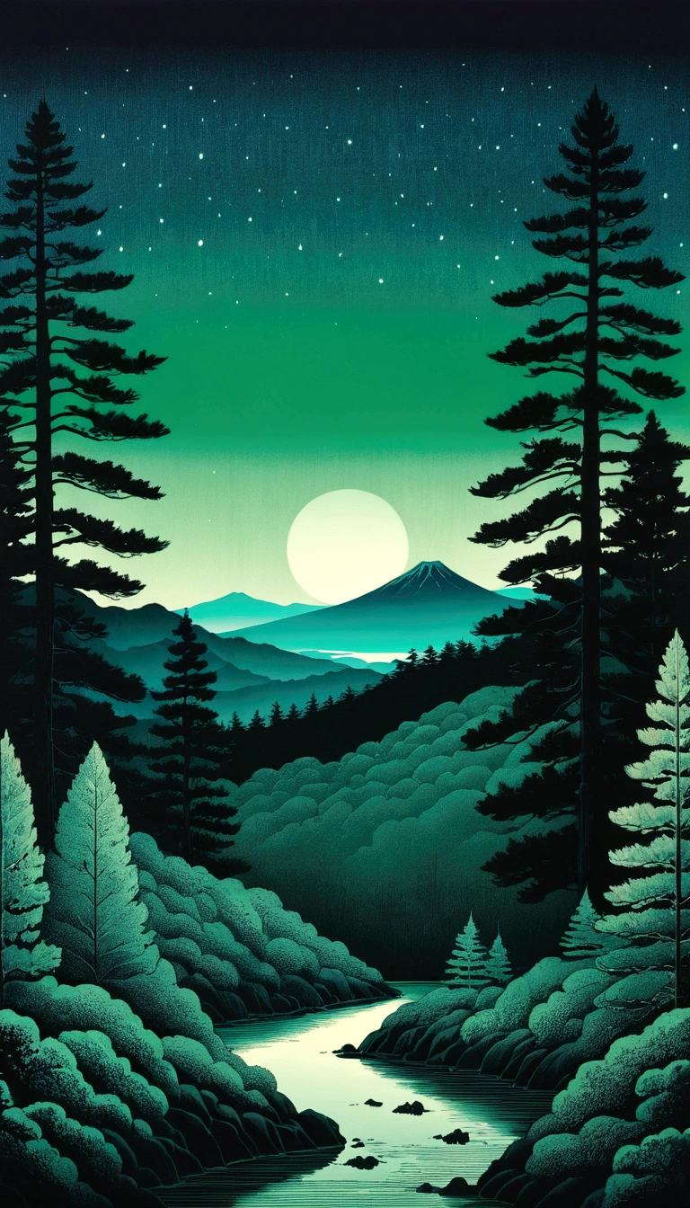 risograph, Hokusai, dark green, conifer forests, night, distant horizon minimalism