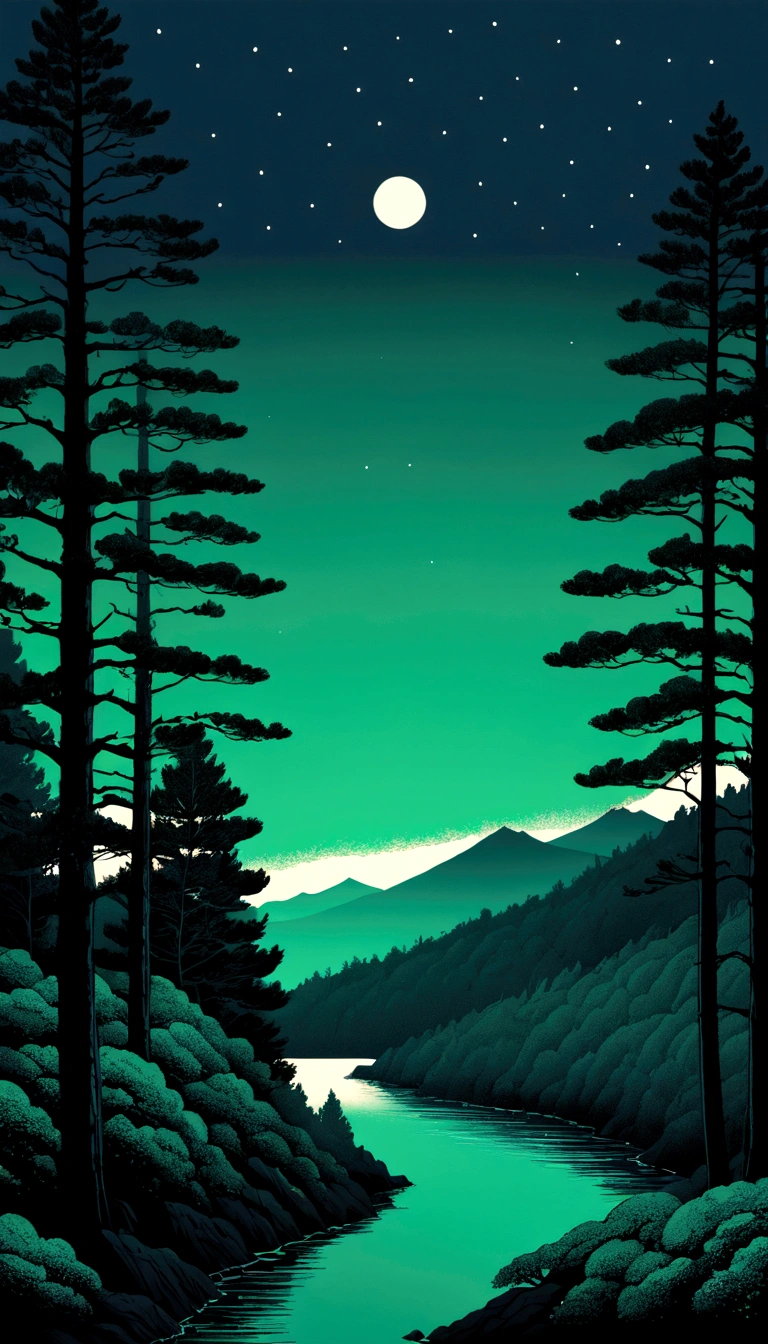 risograph, Hokusai, dark green, conifer forests, night, distant horizon minimalism