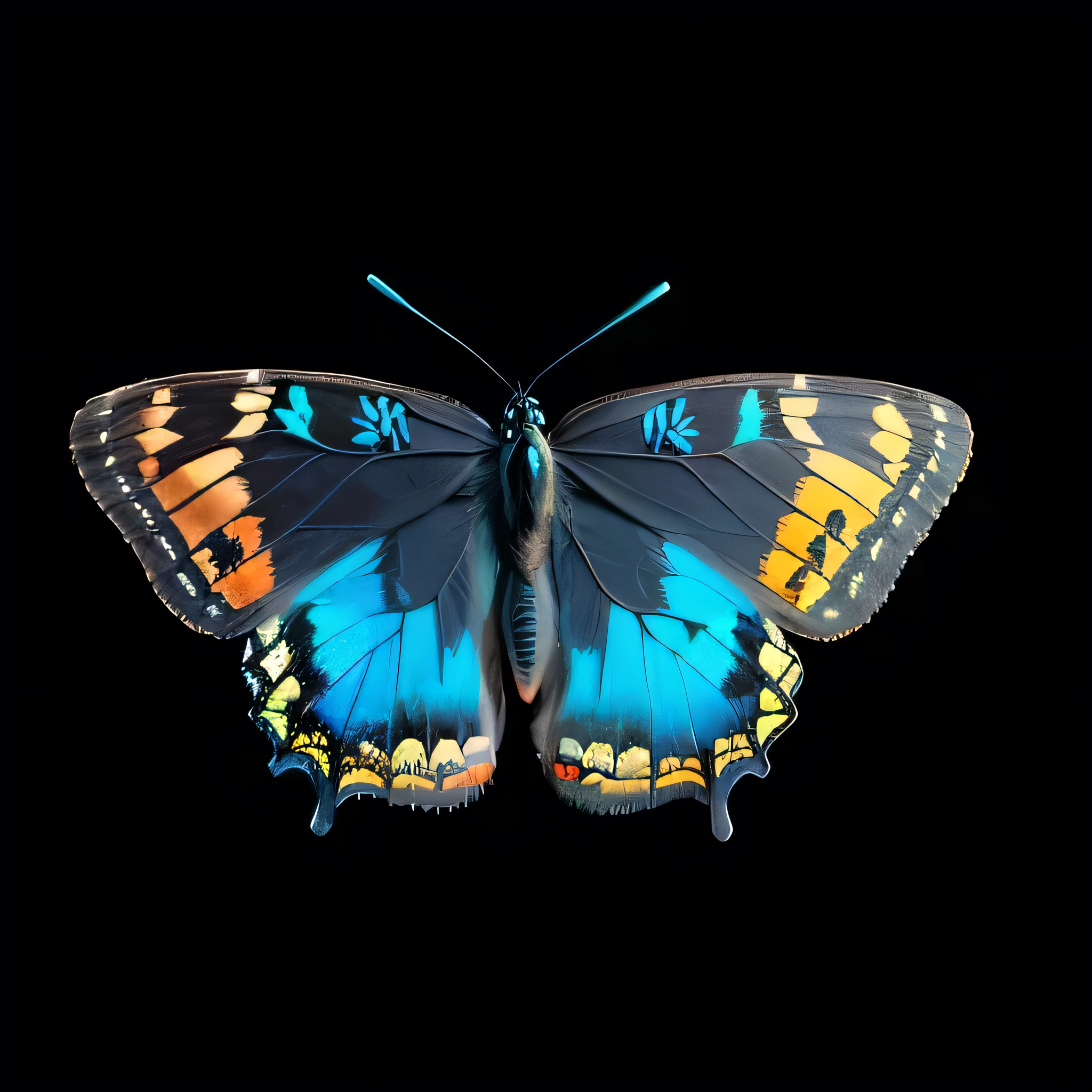 a close up of a Butterfly with a black background, Butterfly, On black background, 2018, 2 0 1 8, Ultra-realistic high detail, Highly detailed composition, Vivid, detailed and realistic, Embroidery style