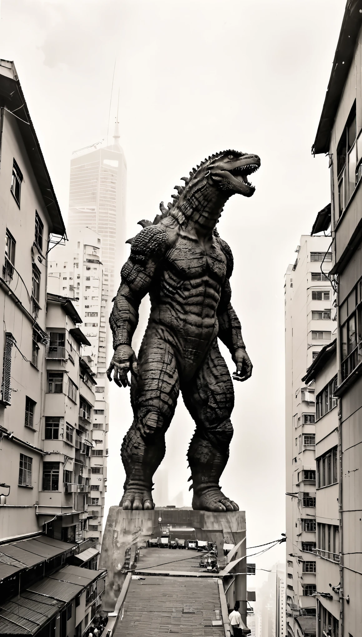 Monochrome Godzilla、25 meters、Streetscape、Hongkong、Look Up、