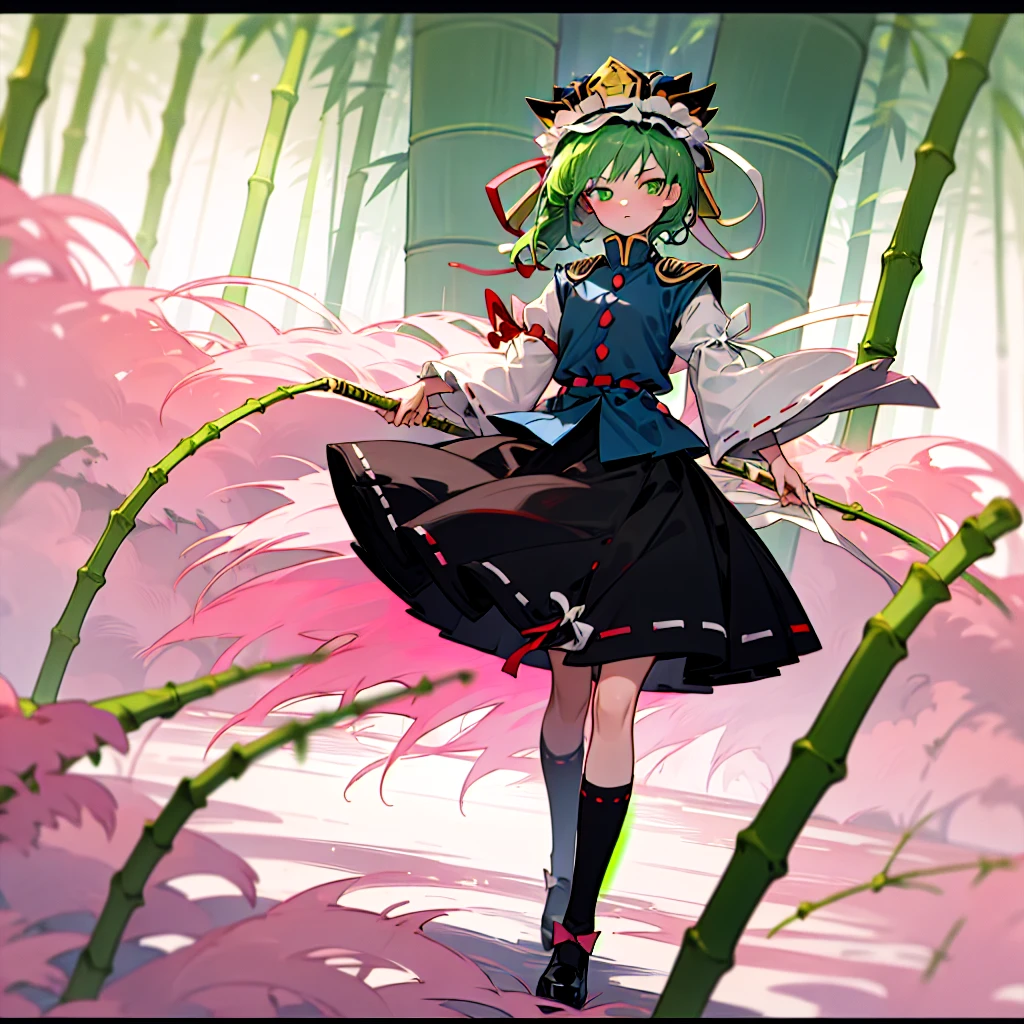 a pink haired woman is standing on a branch Holding a gold key, One girl, bamboo, alone, shiki eiki, rod of remorse, Have, skirt, Knee socks, Green Hair, Black footwear, Frills, Long sleeve, View your viewers, white Knee socks, ribbon, white ribbon, Green Eyes, shirt, black skirt, Best, white shirt, shoes, Holding, bamboo forest, frilled Have, chest