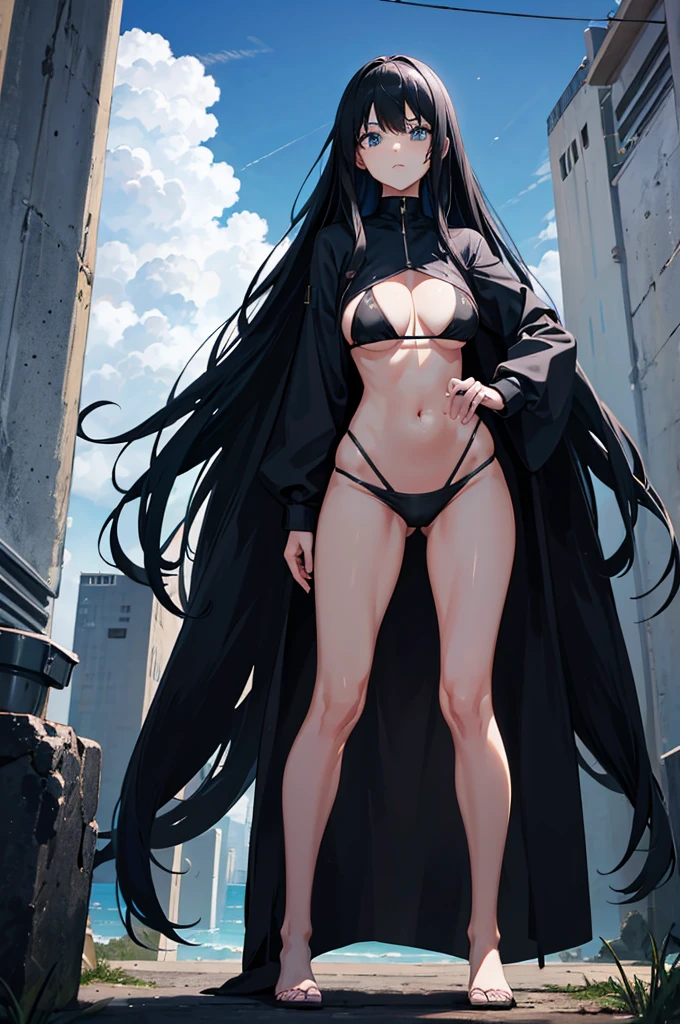 1woman, long black hair, blue eyes, tall, bikini, standing on ground, high res, ultra sharp, 8K, masterpiece