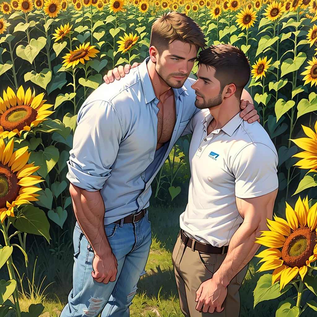 30 years old, hunk and handsome stephen amell, stubble, white skin, muscled hunk , handsome, mature man,brown hair,very well groomed facial hair, bodybuilding, pectoral muscles, abs, in a field of sunflowers, plenty of sunflowers, wearing a white shirt, open shirt, a short jeans, sneakers, natural light, wheat-colored skin, 1man, standing,