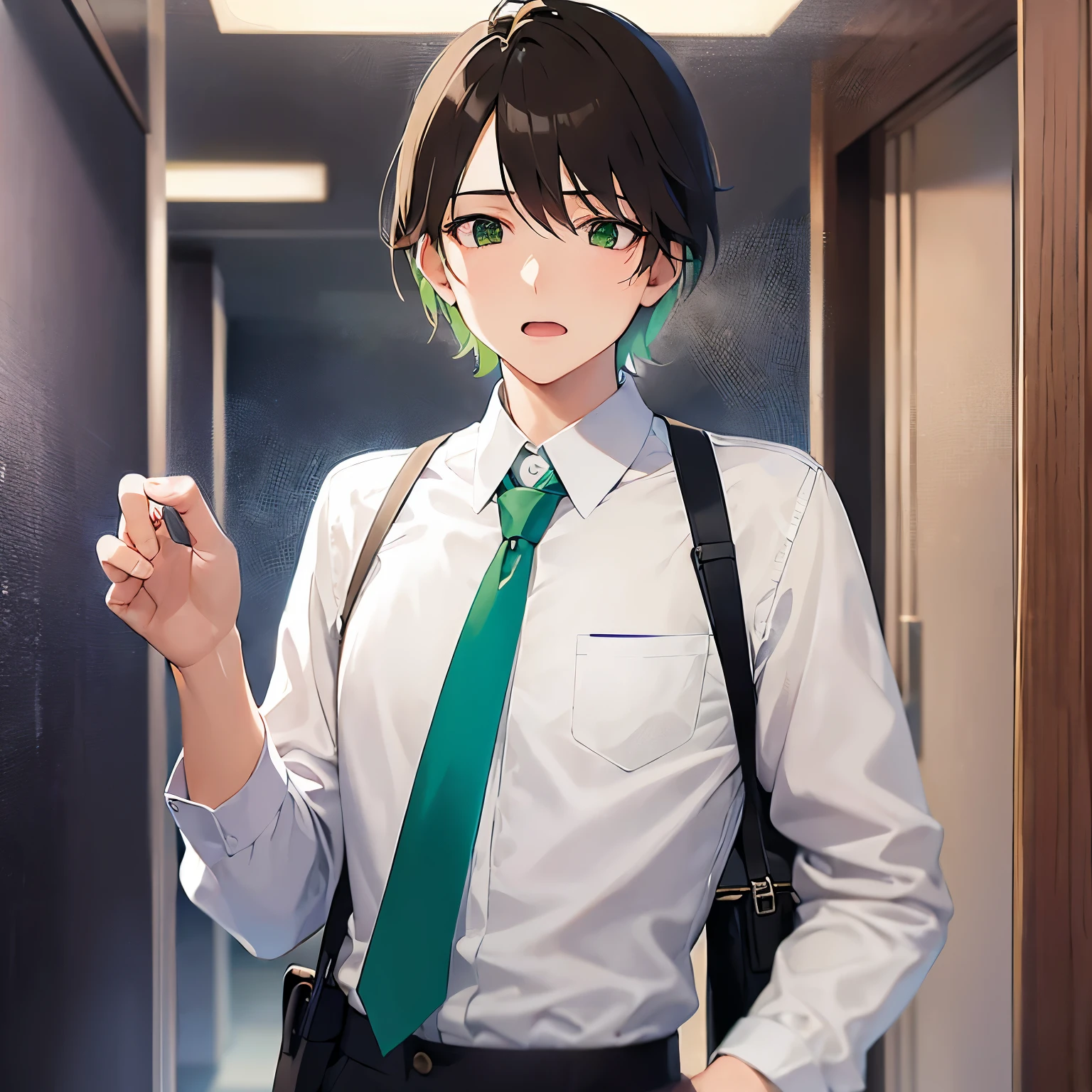 BREAK (25-year-old male:1.5) and (Mahogany brown short hair) and (Green Eyes:1.5) BREAK (white collared shirt) and (Blue tie)、(alone:1.5)、(looking away:1.5),Side shot、 masterpiece、Highest quality、blush,surprised,The background is the office lobby.,open mouth