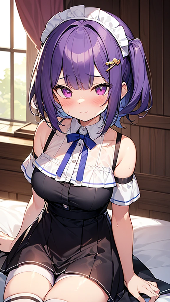 最high quality, high quality, Super detailed, 32k, Ultra-detailed details, 2 girls, With maid(only, The cute face of my little sister that I stole from her, beautiful purple hair, Beautiful purple eyes, Big Breasts, A light smile, Red eyes, Off-the-shoulder sleeveless Summer clothes, Summer casual maid clothes, Short skirt, Blue and white color striped underwear, Black knee socks, My crotch is wet with love juice, 18-year-old,cute), Sister with her face peeled off(13 years old, A grotesque face with the skin peeled off, Facial muscles are fully exposed, Chest is medium, , Junior high school uniform), {{The maid had a terrible burn on her face and was lamenting it when her master's sister used her power to rip the face off and stick it onto the maid's face, taking on the sister's face.}}, The maid is standing, My sister sits in a chair, NSFW