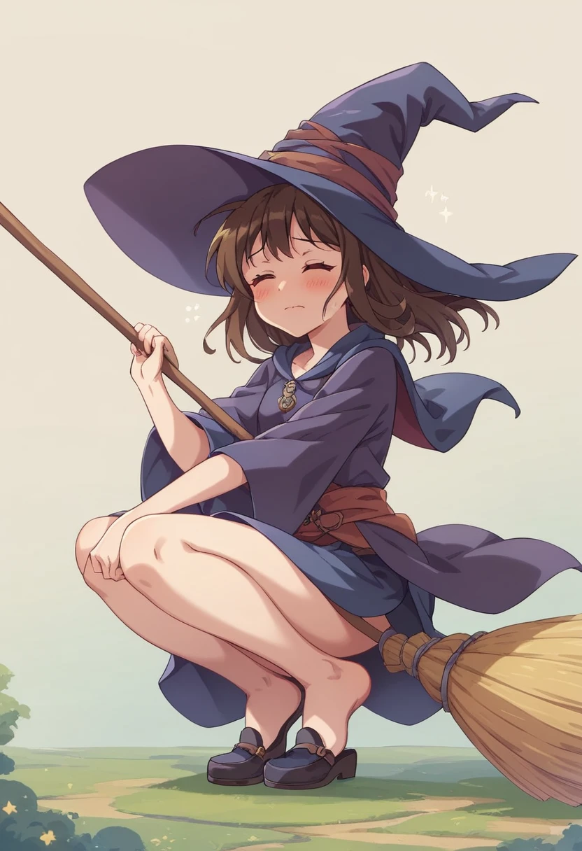 ((((空を飛ぶwitch))),((Ride a broom)),(Straddling a broom),Fantasy,Beautiful light and shadow,Anatomically correct,masterpiece,Highest quality,最高masterpiece,8K,Use of magic,witch:witchの帽子:witchの衣装:Familiar,Wind,Fantasy,wonderful,An illustration,Digital Art,wonderful,wonderful,カラーAn illustration,Rich colors,(Blushing),(Eyes closed),(Mouth closed),(Holding the end of the broom tightly with both hands),(slightly squatting),(Both feet are on the ground),(Both feet are wearing shoes),（ One broom handle、The broom handle is connected）,(The tips of the broom face backwards)