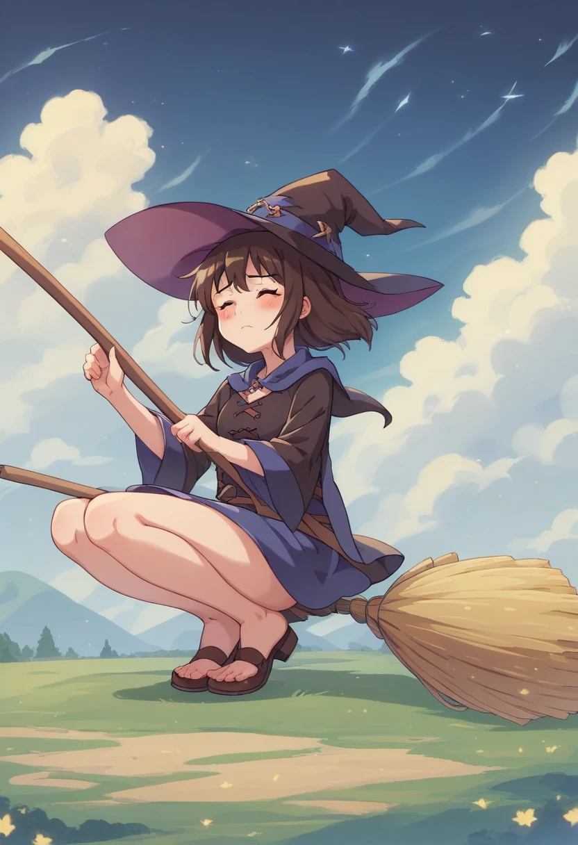 ((((空を飛ぶwitch))),((Ride a broom)),(Straddling a broom),Fantasy,Beautiful light and shadow,Anatomically correct,masterpiece,Highest quality,最高masterpiece,8K,Use of magic,witch:witchの帽子:witchの衣装:Familiar,Wind,Fantasy,wonderful,An illustration,Digital Art,wonderful,wonderful,カラーAn illustration,Rich colors,(Blushing),(Eyes closed),(Mouth closed),(Holding the end of the broom tightly with both hands),(slightly squatting),(Both feet are on the ground),(Both feet are wearing shoes),（ One broom handle、The broom handle is connected）,(The tips of the broom face backwards)