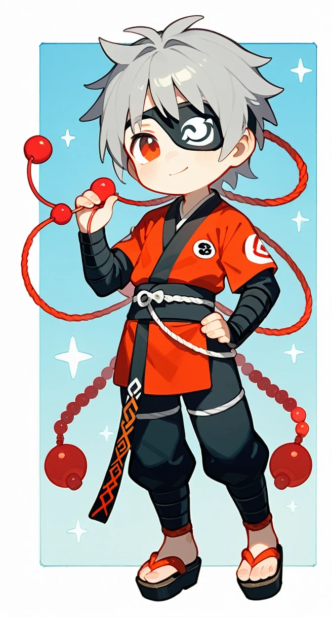 A chibi-style old male ninja character with gray hair tied in a topknot and an eyepatch over one eye. He is wearing a black traditional ninja outfit with long sleeves and a dark obi belt, along with a pair of wooden sandals. He is holding a string of prayer beads in his left hand, and his expression is wise and calm, with a slight smile. The background is a solid dark red color, adding a sense of seriousness and tradition. The overall style should be cute and detailed, with attention to the texture of his hair, the beads, and his traditional clothing.