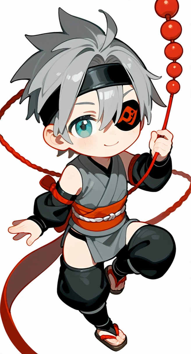 A chibi-style old male ninja character with gray hair tied in a topknot and an eyepatch over one eye. He is wearing a black traditional ninja outfit with long sleeves and a dark obi belt, along with a pair of wooden sandals. He is holding a string of prayer beads in his left hand, and his expression is wise and calm, with a slight smile. The background is a solid dark red color, adding a sense of seriousness and tradition. The overall style should be cute and detailed, with attention to the texture of his hair, the beads, and his traditional clothing.