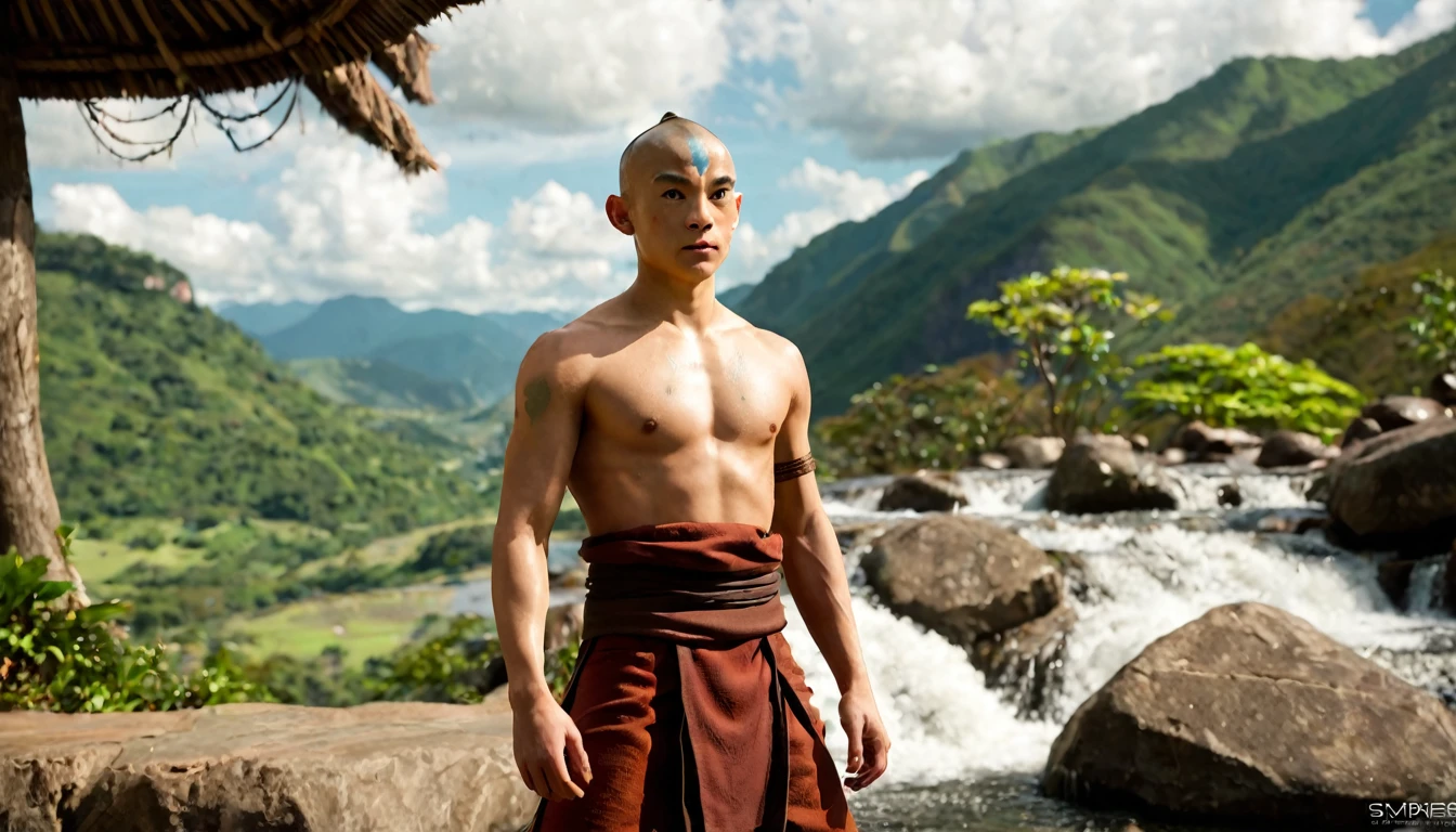 The Last Airbender, (Aang),  looking towards the horizon, from background, light green mountains and waterfalls, very detailed image, sharp focus, studio photography, xf iq 4, 1 5 0 0 0 0 0 0 0 0 mp, 5 0 mm, iso 2 0 0 0 0, 1/ 1 6 0 0 0 s, realistic, natural light, octane rendering, adobe lightroom, photo realistic, thirds resolution, symmetric balance, depth layers, polarizing filter, . ..., hd, color optics, ..., hd, opaque color, masterpiece, ..., masterpiece, ..., hd, opaque color, masterpiece
