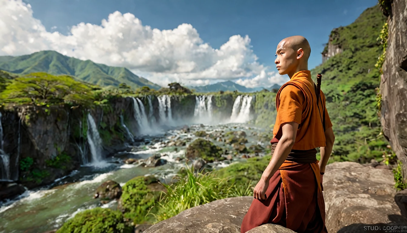 The Last Airbender, (Aang), looking towards the horizon, from background, light green mountains and waterfalls, very detailed image, sharp focus, studio photography, xf iq 4, 1 5 0 0 0 0 0 0 0 0 mp, 5 0 mm, iso 2 0 0 0 0, 1/ 1 6 0 0 0 s, realistic, natural light, octane rendering, adobe lightroom, photo realistic, thirds resolution, symmetric balance, depth layers, polarizing filter, . ..., hd, color optics, ..., hd, opaque color, masterpiece, ..., masterpiece, ..., hd, opaque color, masterpiece