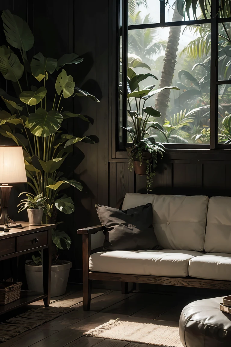 Acoustic guitar, wooden studio, houseplants, black-and-white photos written on the wall, a close up of a living room with a couch and a lamp, relaxing environment, jungle setting, magical environment, relaxing concept art, unreal engine ; romantic theme, beautiful and aesthetic, unreal engine 5 lighting, in a jungle environment, beautiful and cinematic lighting, hyper-realistic environment, unreal engine 5 environment, unreal engine 5 highly rendered, soothing and cozy landscape