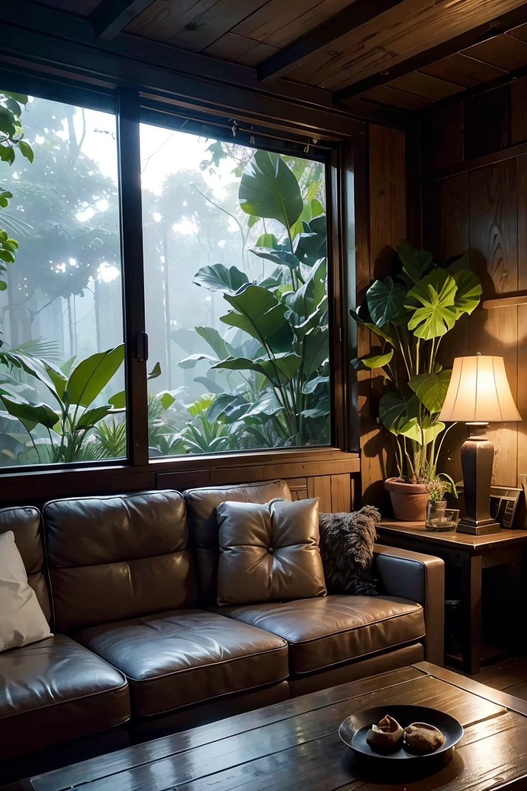 Acoustic guitar, wooden studio, houseplants, black-and-white photos written on the wall, a close up of a living room with a couch and a lamp, relaxing environment, jungle setting, magical environment, relaxing concept art, unreal engine ; romantic theme, beautiful and aesthetic, unreal engine 5 lighting, in a jungle environment, beautiful and cinematic lighting, hyper-realistic environment, unreal engine 5 environment, unreal engine 5 highly rendered, soothing and cozy landscape