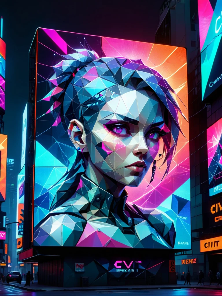 civit logo with female cyberpunk made of ral-polygon on billboard screen on a cyberpunk timesquare at night, neon light, futuristic car on the street