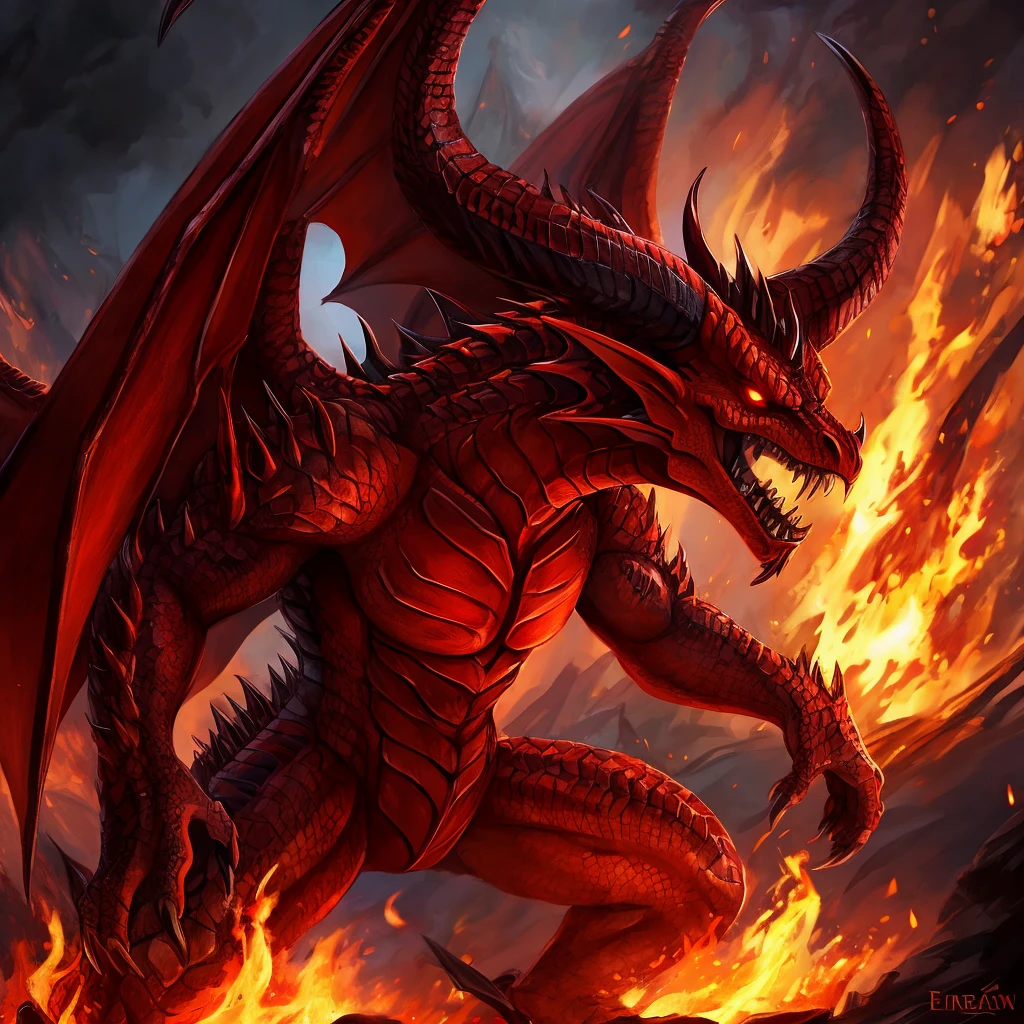 A fire demon, wings of fire, huge horns, red skin with red hair on the body, its intimidating and hideous appearance makes an Ifrit a fire demon
