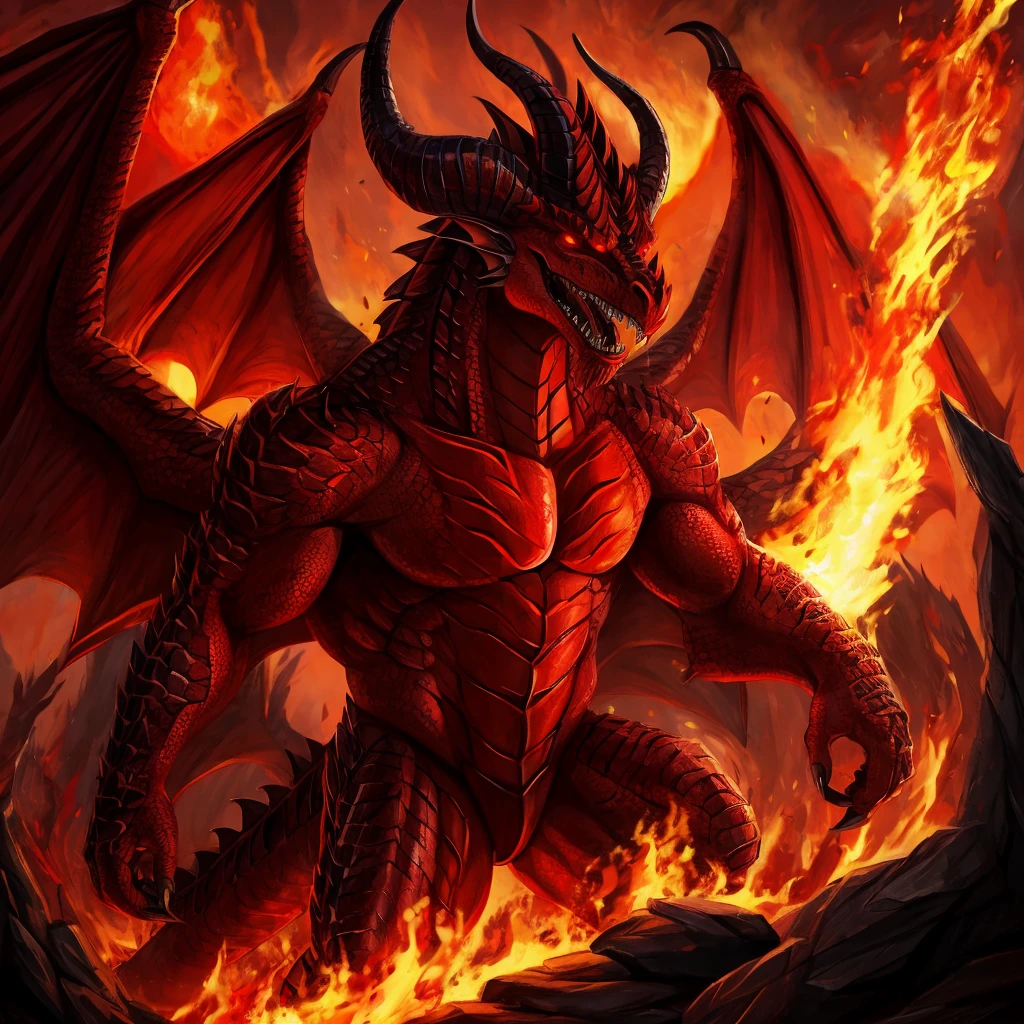 A fire demon, wings of fire, huge horns, red skin with red hair on the body, its intimidating and hideous appearance makes an Ifrit a fire demon