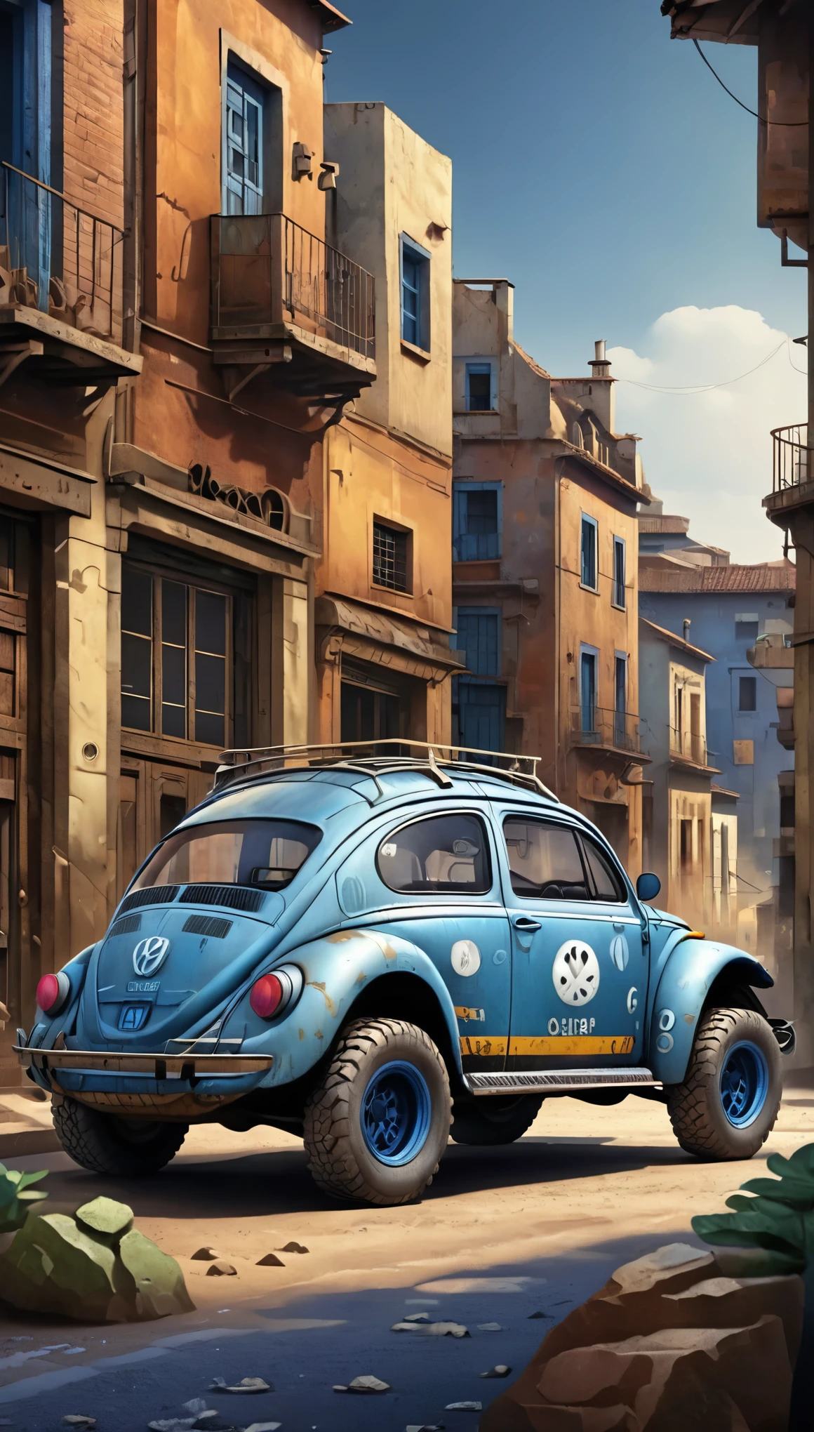 Beetle、blue、Photographed from diagonally in front、Four-wheel drive、Off-road tires、