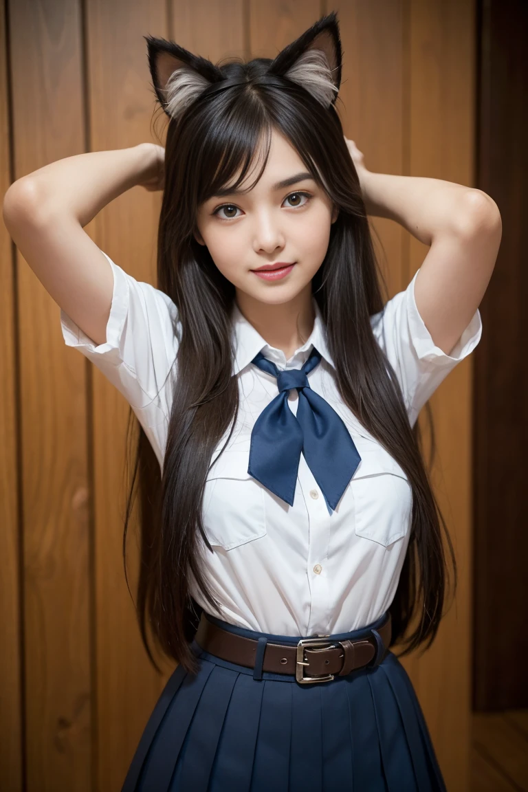 very young slim fit girl, full height, rounded face, (disheveled very long hair:1.4), big brown eyes, shy smile, perfect flat breast, band on head with fake cat ears, pioneer neckerchief, short tight blue pleated skirt, bangs, tight white shirt, short sleeves, collared shirt, belt, red neckerchief, breast pocket, by sasha khmel, sashagrey