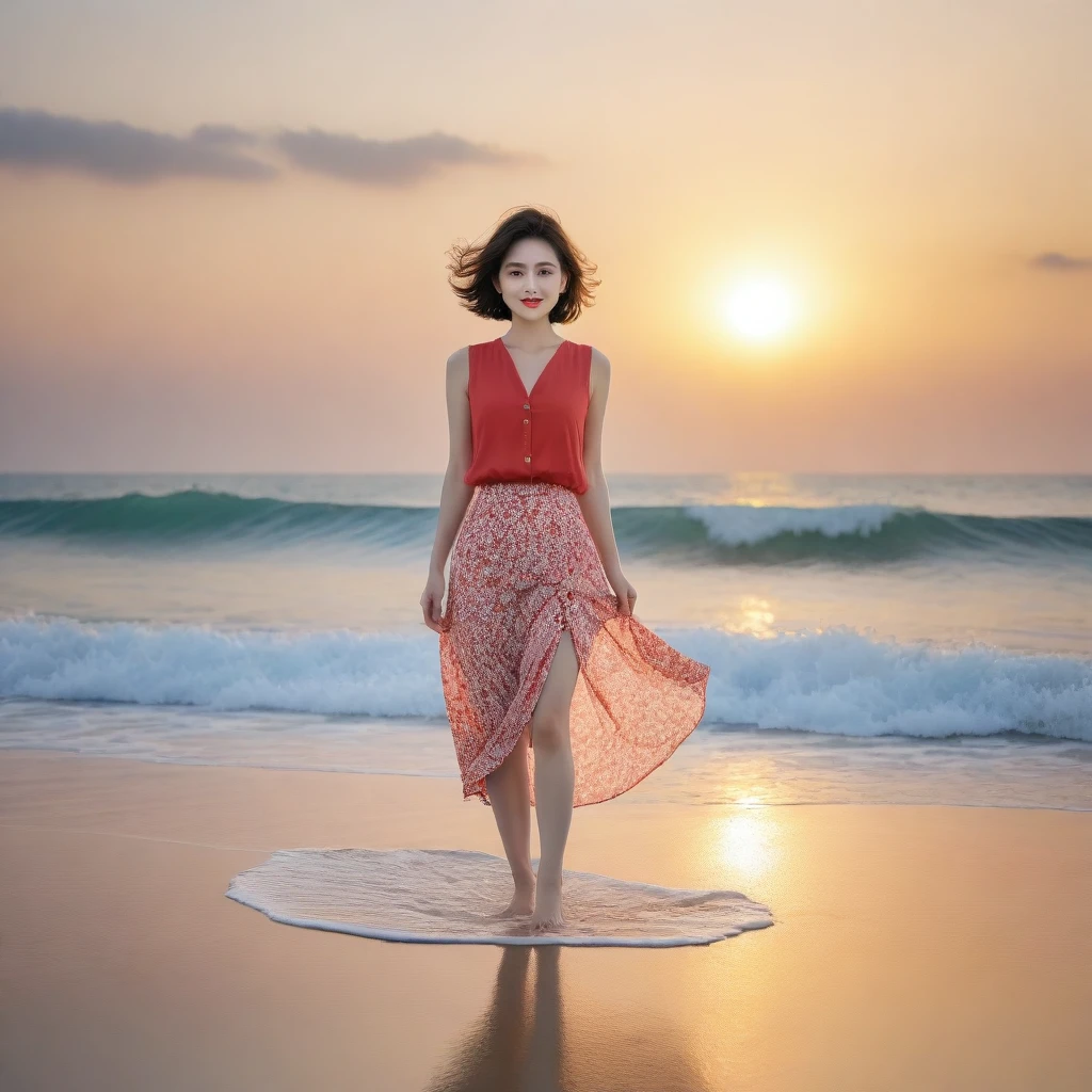 sunset red sun on the beach,A strong afterglow is reflected in the sea., Beautiful 36 year old short Korean woman, Chest size 34 inches, Wear sleeveless, light skirt. beautiful pretty woman look , wearing a light skirt , Go far into the sea water and dip your toes., Short medium hair blowing in the wind, 1 woman, beautiful eyes, a little smile, Full body photo from a distance with a wide angle lens, The background is clear and perfect, waves are coming, Vivid and distinct scenery