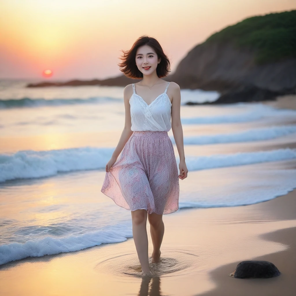 sunset red sun on the beach，A strong afterglow is reflected in the sea., Beautiful 36 year old short Korean woman, Chest size 34 inches, Wear sleeveless, light skirt. beautiful pretty woman look , wearing a light skirt , Go far into the sea water and dip your toes., Short medium hair blowing in the wind, 1 woman, beautiful eyes, a little smile, Full body photo from a distance with a wide angle lens, The background is clear and perfect, waves are coming, Vivid and distinct scenery