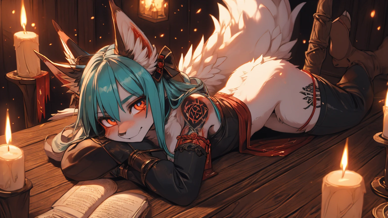 Miku Hatsune, add high definition_detail:1, blue fur,kitsune ears, tribal tattoo add_detail:1, in hell add_detail, diabolic girl, batwigns add_detail, lying on a wooden table bathed in blood add_detail, witch girl, sacrifice add_detail:1, pentagram in table add_detail:1
