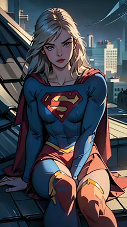 a supergirl sitting on a rooftop building, lost in deep thought, looking at the city, beautiful detailed eyes, beautiful detailed lips, extremely detailed face, long eyelashes, beautiful detailed costume, dynamic pose, cinematic lighting, epic cityscape, moody atmosphere, dramatic shadows, vibrant colors, photorealistic, 8k, best quality, hyper detailed, masterpiece