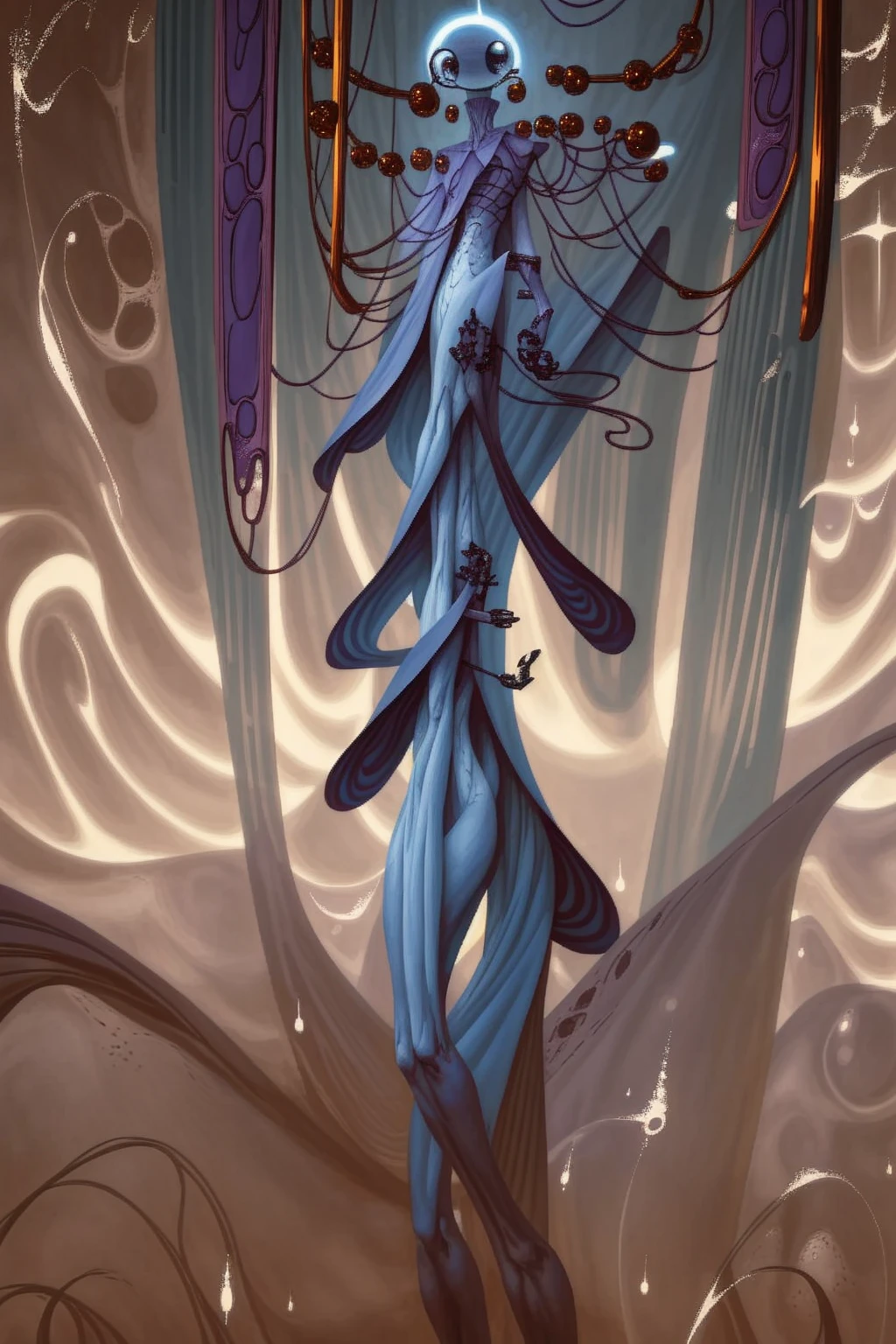 A powerful humanoid figure, a towering faceless entity in a perfect white void, doesn't have a humanoid face, an alien of incredible scale, galactic purple skin, 6 slits across the face pouring with stardust, very long limbs, strange hands with 2 thumbs and 2 fingers on each side, pearly white piercings lining up symmetrical across its abdomen, pearly white and alien jewelry hanging off the sides of its head