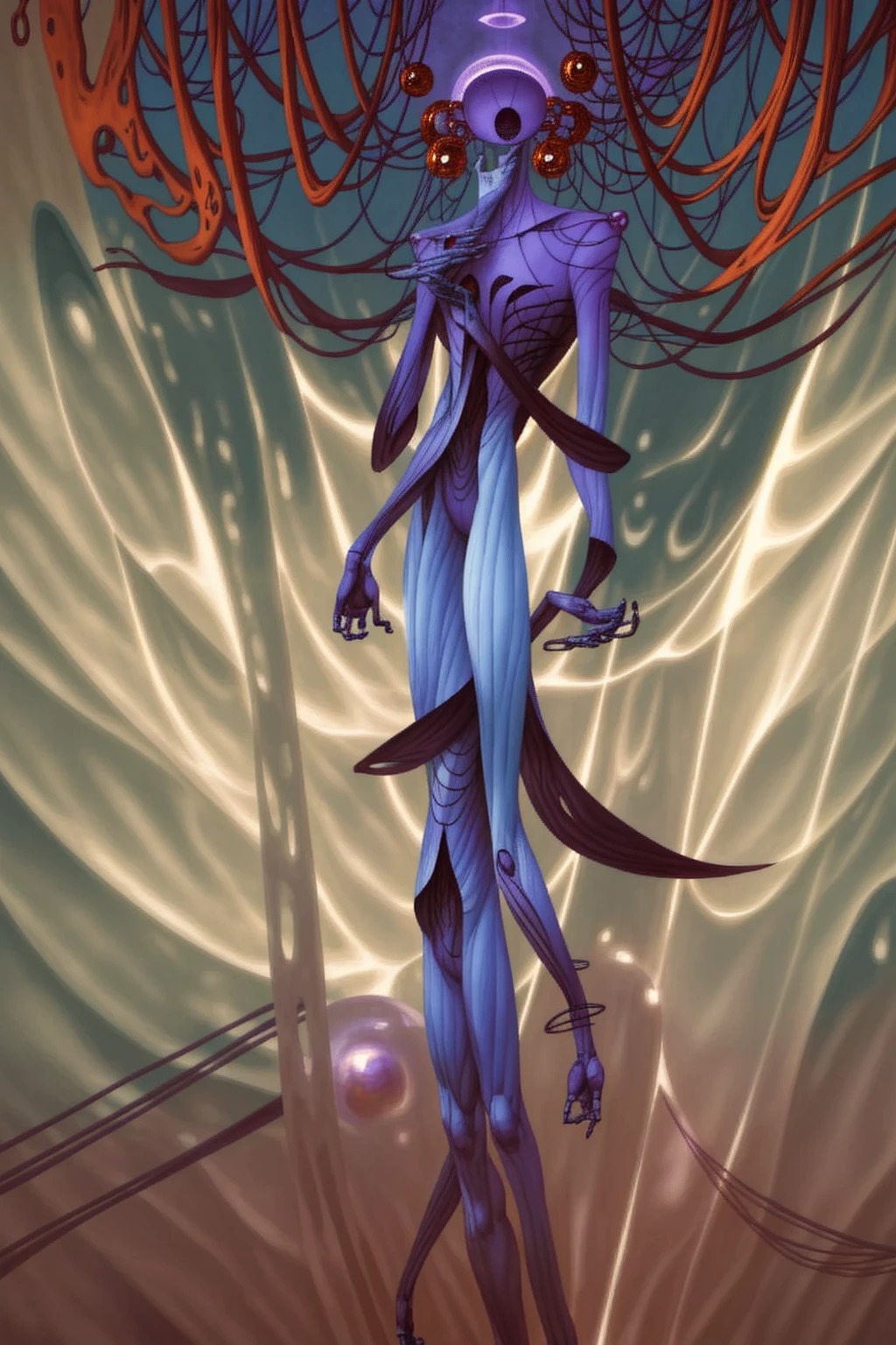 A powerful humanoid figure, a towering faceless entity in a perfect white void, doesn't have a humanoid face, an alien of incredible scale, galactic purple skin, 6 slits across the face pouring with stardust, very long limbs, strange hands with 2 thumbs and 2 fingers on each side, pearly white piercings lining up symmetrical across its abdomen, pearly white and alien jewelry hanging off the sides of its head