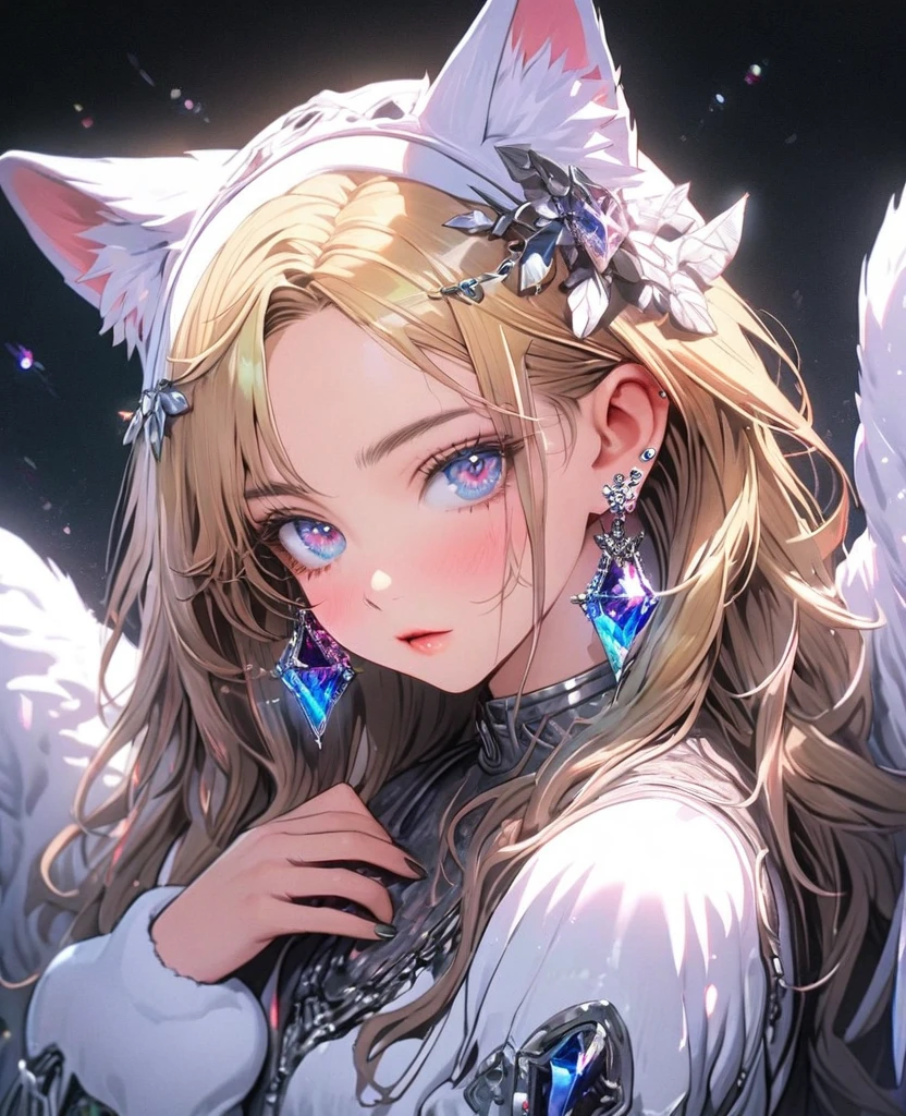 8K,gal,an extremely delicate and beautiful,Beautiful and realistic skin,Shiny jewel-like earrings,Long colorful hair,beautiful eyes,whole body,head to toe,beautiful regs,animal costume
