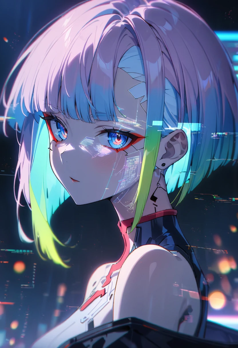 1girl, solo, lucy \(cyberpunk\), cyberpunk \(series\), asymmetrical hair, short hair, blue hair, green hair, pink hair, multicolored hair, blue eyes, eyeliner, eyeshadow, makeup, bare shoulders, portrait, looking at viewer, cyberpunk, hlpr, futuristic, hologram, glitch, holographic face, ui, interface, nodes, particles, depth of field, bokeh, masterpiece, best quality, very aesthetic, absurdres,