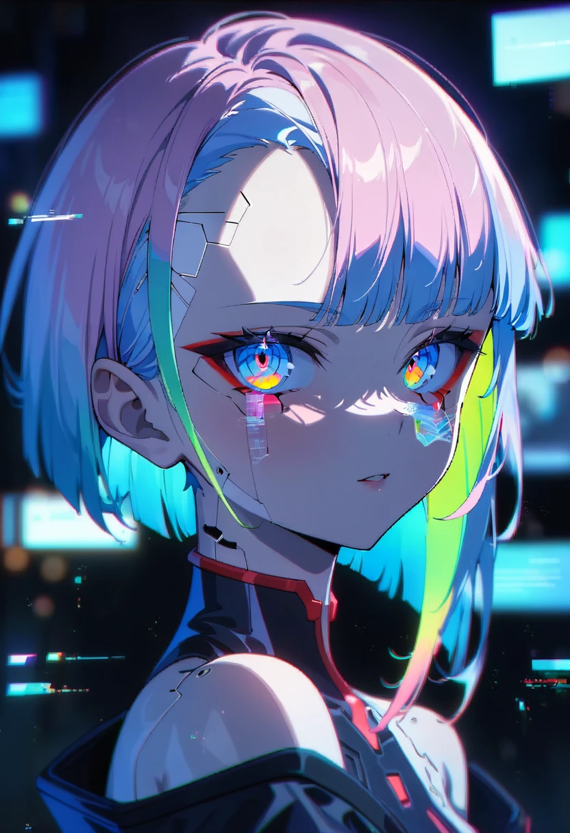 1girl, solo, lucy \(cyberpunk\), cyberpunk \(series\), asymmetrical hair, short hair, blue hair, green hair, pink hair, multicolored hair, blue eyes, eyeliner, eyeshadow, makeup, bare shoulders, portrait, looking at viewer, cyberpunk, hlpr, futuristic, hologram, glitch, holographic face, ui, interface, nodes, particles, depth of field, bokeh, masterpiece, best quality, very aesthetic, absurdres,