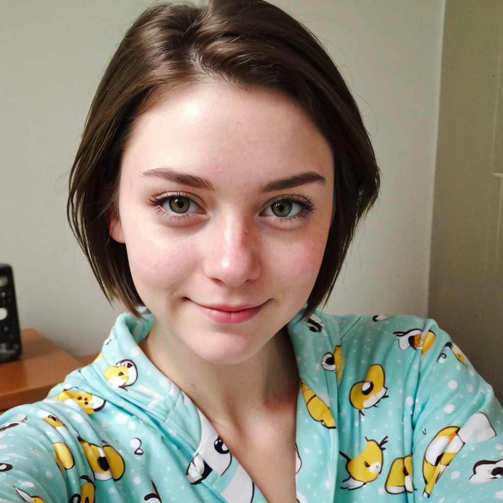 hyper detailed instagram selfie, a beautiful 18 year old woman, slight smile, detailed skin face and eyes, natural lighting, at school, short hair, wearing cute pajamas, film grain, low contrast, natural face, eyes