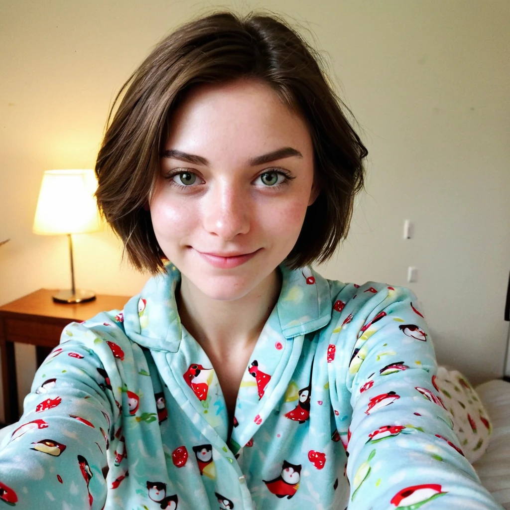 hyper detailed instagram selfie, a beautiful 18 year old woman, slight smile, detailed skin face and eyes, natural lighting, at school, short hair, wearing cute pajamas, film grain, low contrast, natural face, eyes