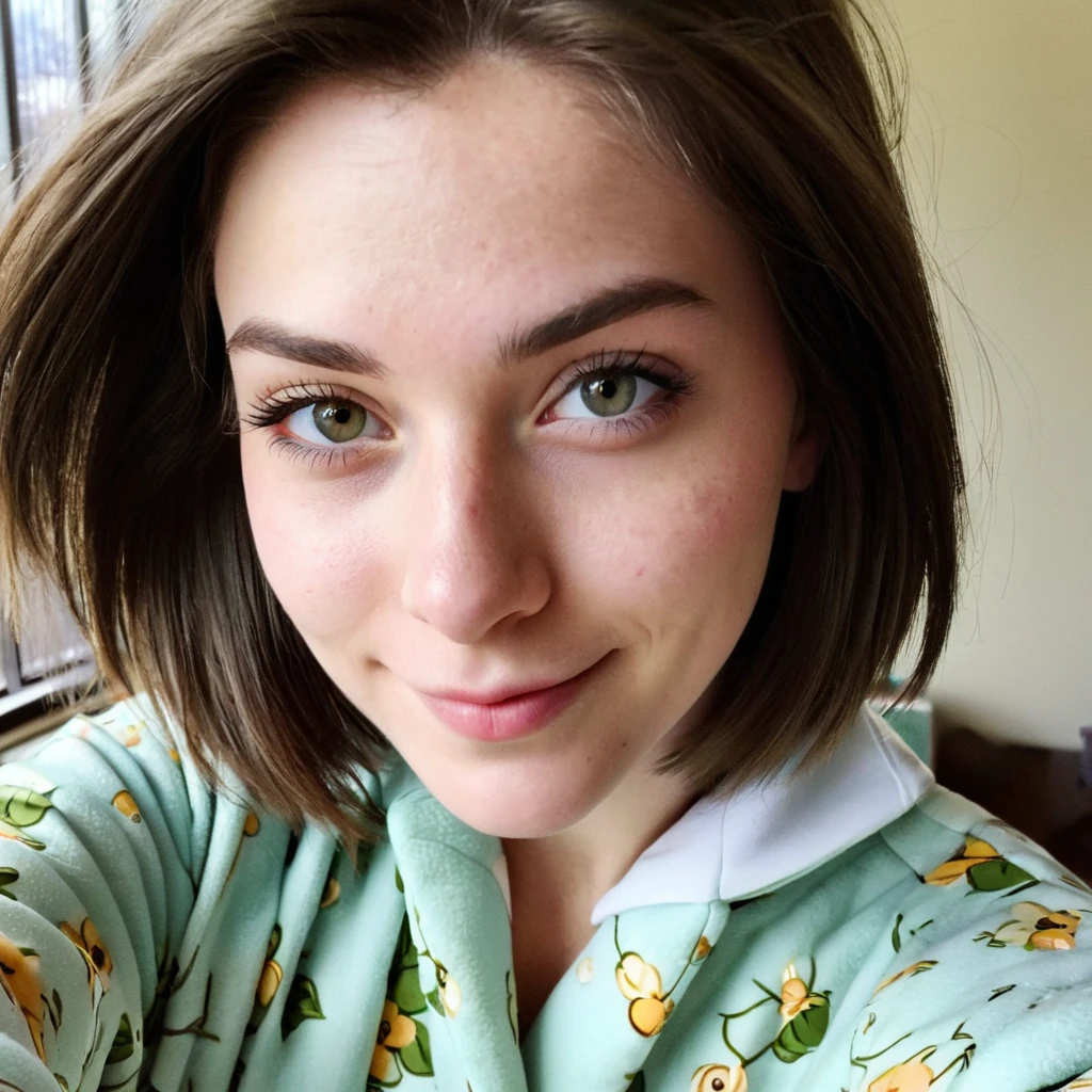 hyper detailed instagram selfie, a beautiful 18 year old woman, slight smile, detailed skin face and eyes, natural lighting, at school, short hair, wearing cute pajamas, film grain, low contrast, natural face, eyes