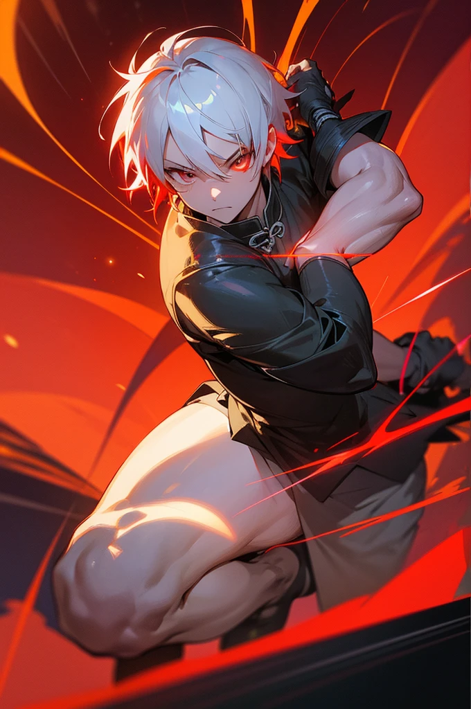 (1 Handsome Man)、Short hair、grey eyes、Toned body、muscular male、traditional Chinese clothing、 wearing an eyepatch、(White hair)、(Top image quality)、(8K picture quality)、(cyberpunked)、(masutepiece)、 (Flickering of light)、(carry a sword)、cinematric light, Cinema Shadow, Sharp Image, Extremely detailed, Volumetric, Bright sprites、particles effect, beautiful effects, Vivid colors, neons, Neon light, Highly detailed image textures, detailed hairs, Detailed eyes, city、Dark hair、Eyes glow、(Red aura emanating from clothes:1.5)、Photo from the knee up、