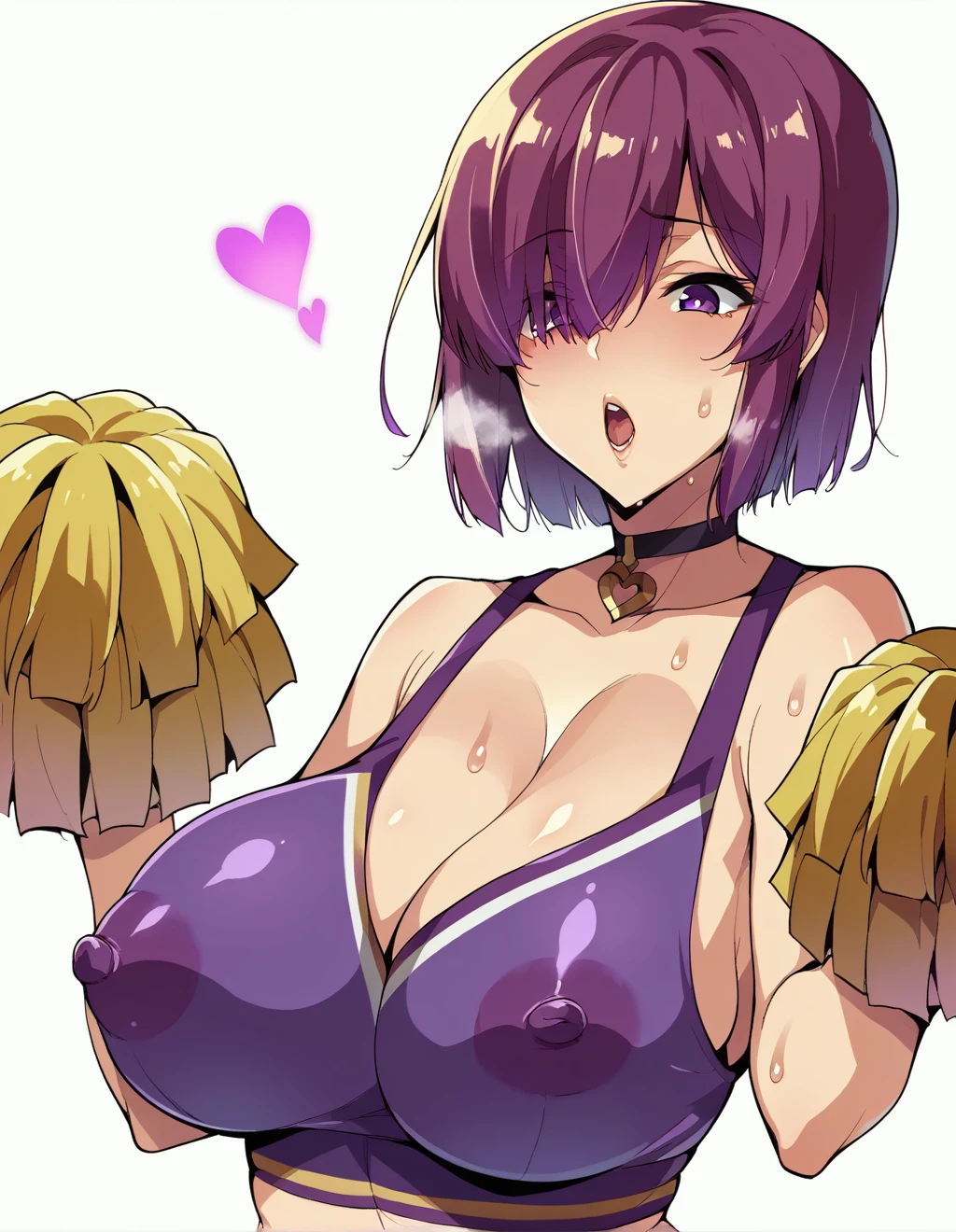 Alluring expression、Cheerleader、Ultra-detailed illustrations、Ultra-precise expression、masterpiece、Highest quality、ultra High resolution、High resolution、Hiromitsu Takeda Style、White background、Simple Background、One girl、solo、Mash Kyrielight、light purple hair,short hair,hair over one eyes、Purple eyes、Open your mouth、Large Breasts、Big Breasts、Erect nipples、Choker of Hearts、White Breath、Sweat、Glowing Skin、shiny skin、Front angle、View your viewers、stand、