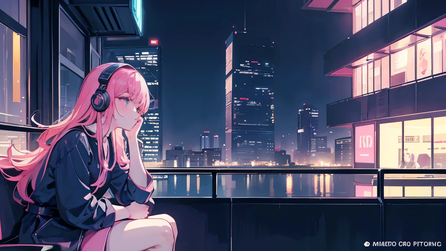 The illustration depicts an urban nightscape with an 80's city pop atmosphere. In the background are skyscrapers glowing with neon lights and a bustling cityscape, giving the viewer a sense of urban vibrancy. In the foreground, a woman relaxes and listens to music. She is sitting on the terrace of a café, wearing headphones and enjoying the music. The woman is in a relaxed posture, looking out at the night landscape. The overall color palette is a gradation of soft nighttime blues and pinks, creating a nostalgic and modern atmosphere. The illustration balances the serenity and liveliness of an urban night, leaving the viewer feeling relaxed and comfortable."
Translated with DeepL.com (free version)