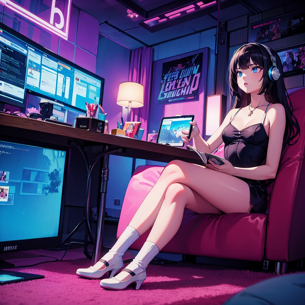 (masterpiece), Highest quality, Expressive eyes, Neon pastel aesthetics, Retro 90s, Neon color,((Girl sitting on sofa,In a cozy room,Records hanging on her wall, Comic books on the floor, Looking out the window behind her at the night city, Upholstered room, Anime figures lined up on a shelf)), Wearing headphones, (All around her it sparkles), (Wearing high socks and heels), (blue eyes), (Soft look), (Synthwave Art Style), Colorful Hair, Desk with PC set up