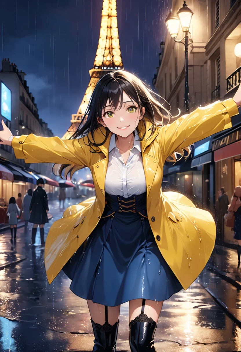 Highest quality, Super quality, 16K, Incredibly absurd, Very detailed, 2.5D, delicate and dynamic, movieのシーン, official, Poster Design, Paris street corner, Rainy night, Chic cityscape, Stone Building,  Champs-Élysées, In front of the Eiffel Tower, wet road, puddle, puddleに町明かりが反射, puddleにビルが映る, , , Small face, Extremely delicate facial expression, Delicate eye depiction, Upper body close-up, erotic, sole sexy lady, healthy shaped body, 25 years old lady, Cool woman, 170cm tall, big firm bouncing busts, white shirt, yellow long rain coat, , long skirt, garter belt, long boots, smile, Fun, Wet with rain, With arms outstretched, Dancing in the rain, Opera, movie, dancing in the rain