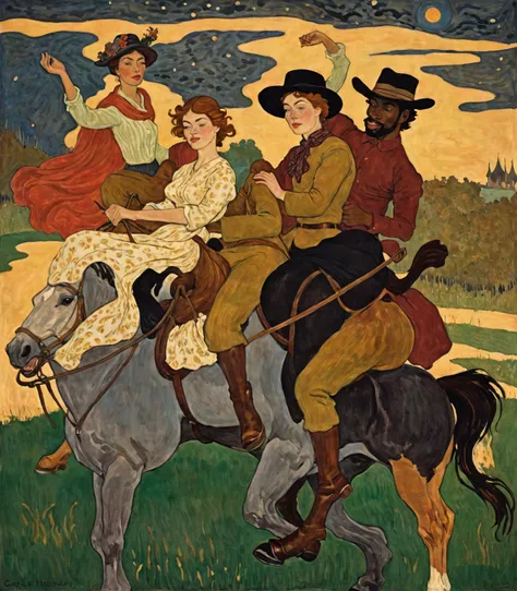 painting of a man riding a horse with a woman on it, by carle hessay, folkloric illustration, inspired by théophile steinlen, ro...