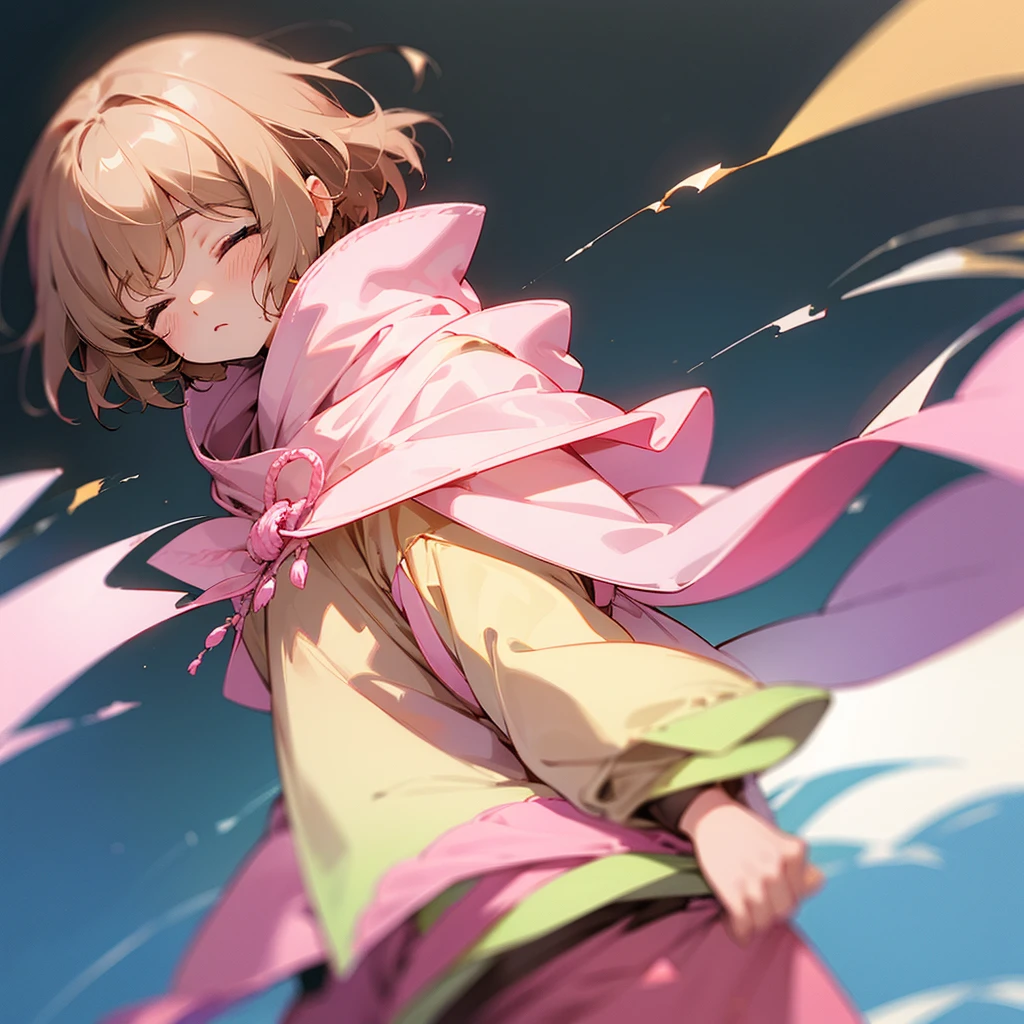 Eyes closed, half asleep, light brown short hair, pink poncho