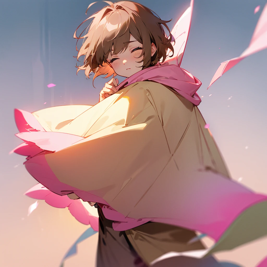 Eyes closed, half asleep, light brown short hair, pink poncho