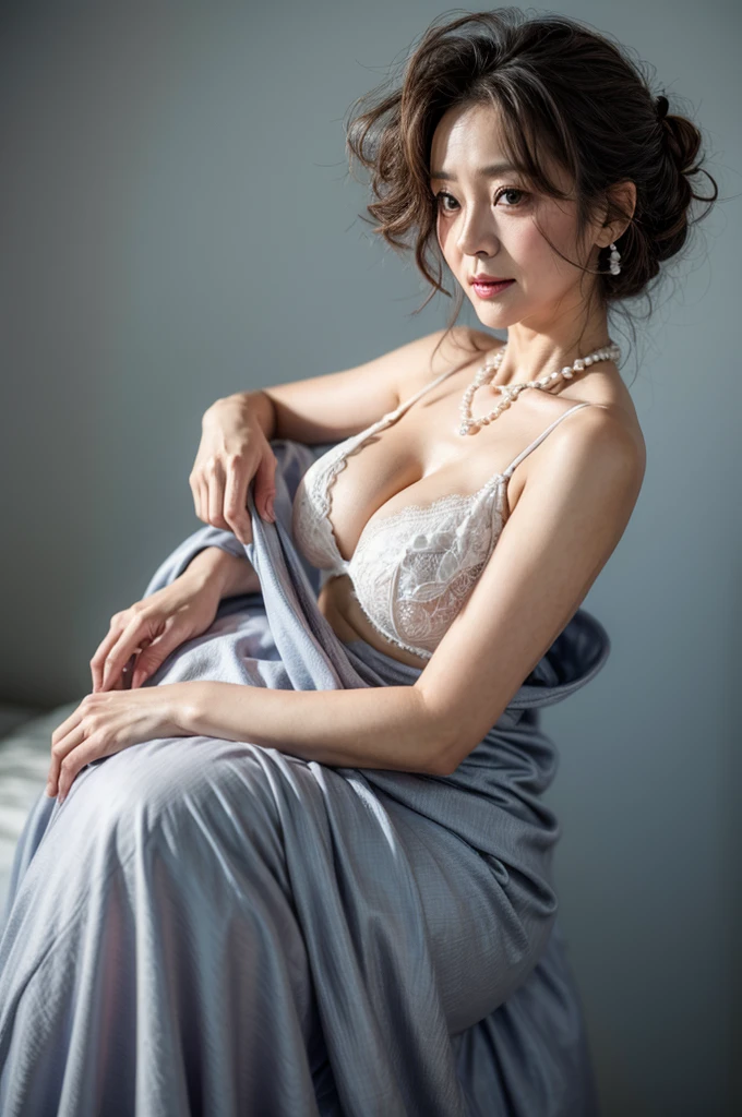 Beautiful elderly woman, cute,sexy,55 years old,,sexy,Wear a pearl necklace, old woman,Big saggy  Breasts, Light blue revealing dress, White embroidered bra, Curly Hair, plain grey background, depth of field, f-stop 2.4