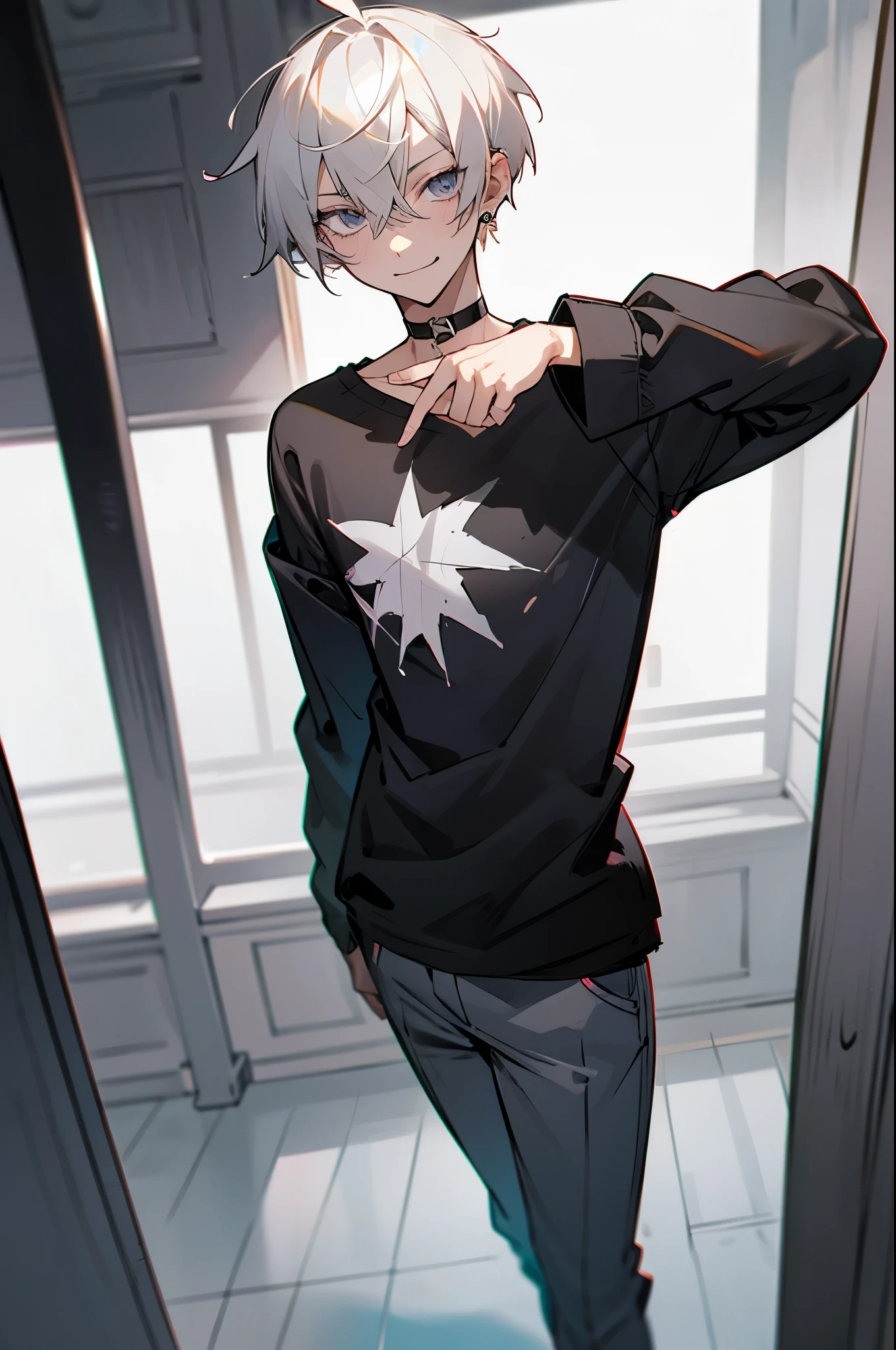 1boy, light platinum blonde hair, tsurime, narrowed eyes, pixie cut, hair between eyes, earrings, jewelry, long sleeves, male focus, solo, gray eyes, smile, smug, choker, punk, black shirt, off shoulder, pants, sleeves past wrists, sketch by nty, school interior, standing, leaning , tsurime, Bags under eyes
