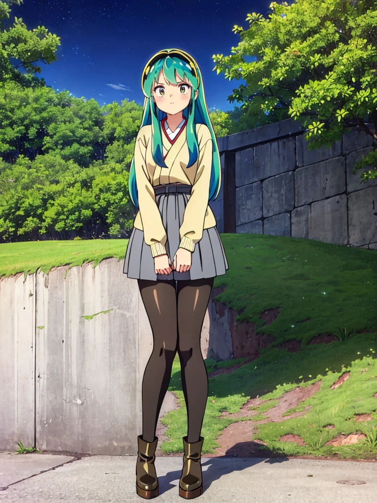 masterpiece, Highest quality, 1 Girl, Lum, happy, blush, Grey knit, Black Mini Skirt, Grey pantyhose, boots,anime, From before, blush, Standing with hands clasped in front of the body, Embarrassed, Mature, 18-year-old, City of night, Gaze Here, High definition, Japan, Green Hair、From below、Focus on the feet