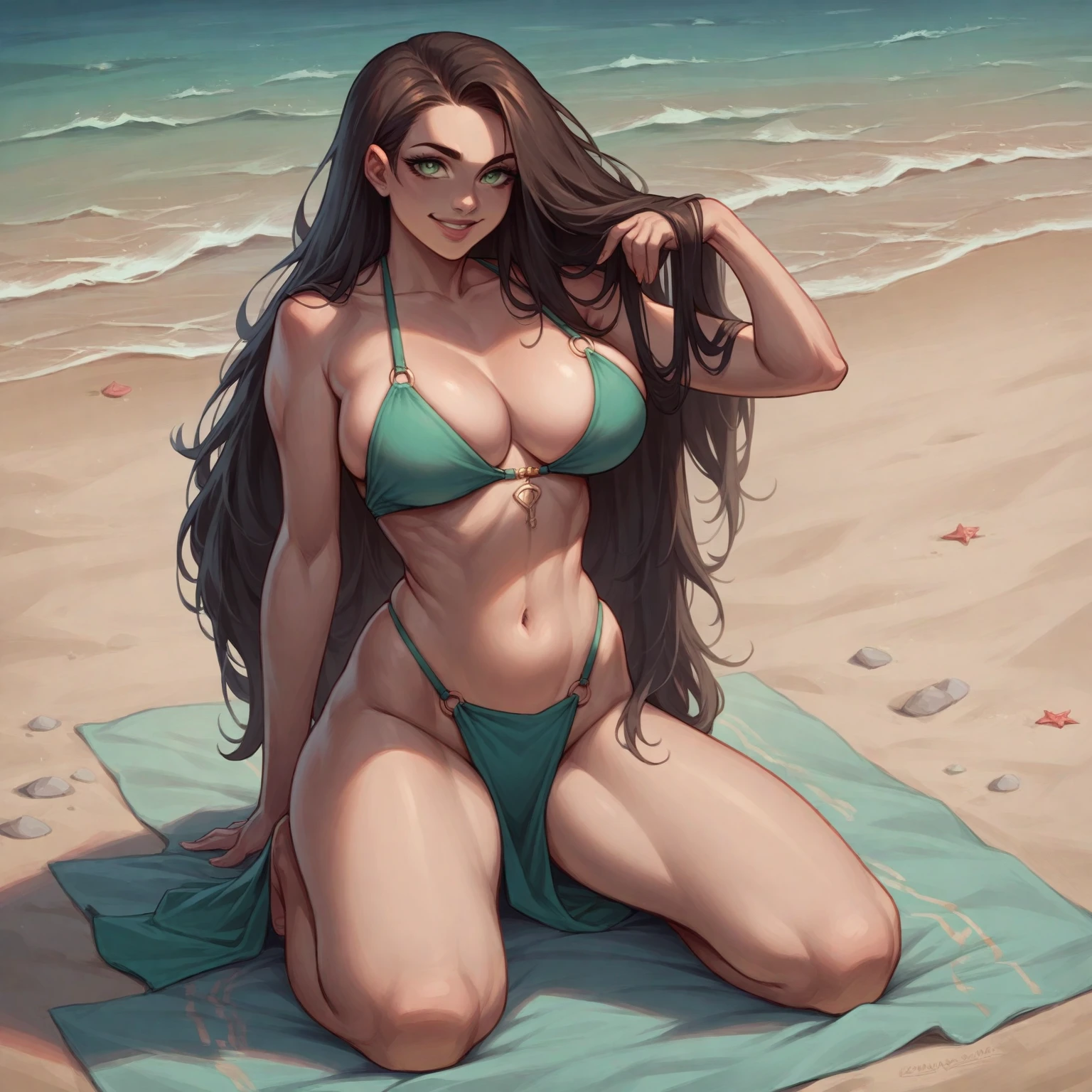 A hyper realistic photograph with very natural facial features, full body. 4:7 photo shot size, with long dark brown hair, with sensual lips, charming smile, sexy look, with light GREEN EYES and big breasts, on the beach