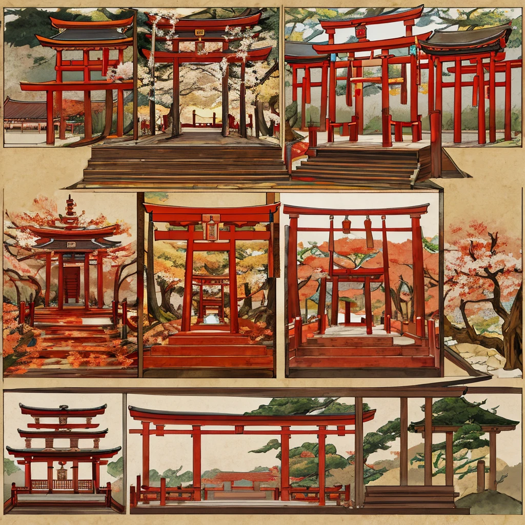 Japanese，Japan，Japanese style，Torii，temple，Fairy，Felidae，Japan风格，Pattern，Detailed setting diagram，exploded view，design diagram，role conception，Full body picture