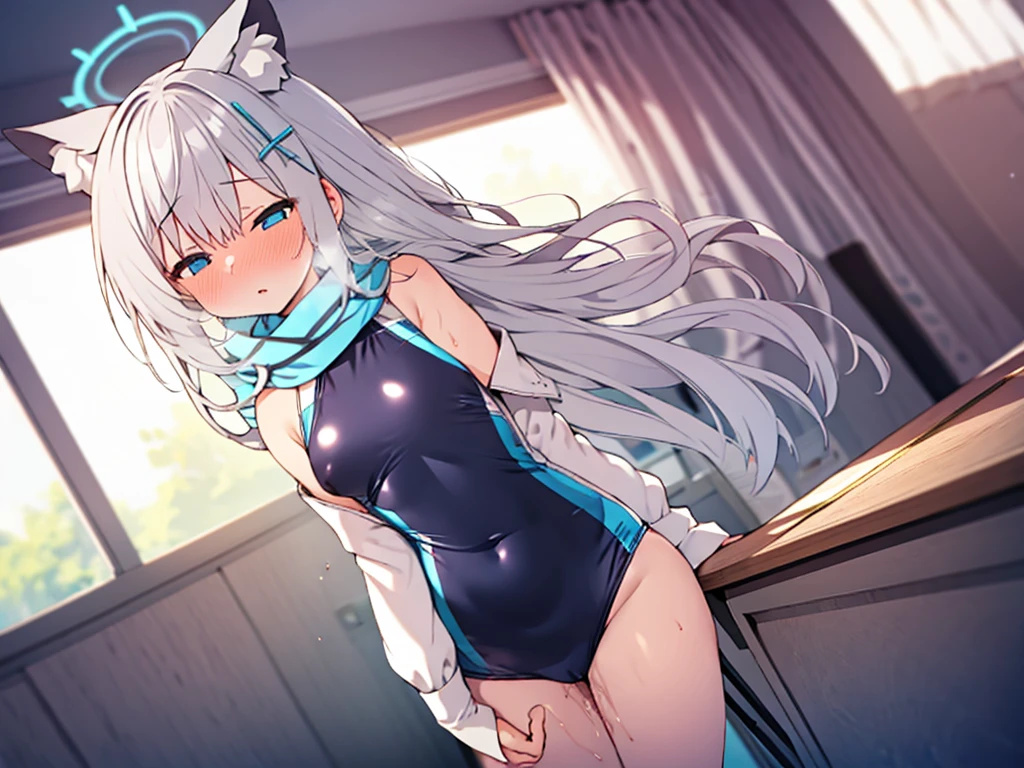 (Highest quality), (High resolution), (masterpiece), (Very detailed), Wolf Ear, Silver Hair, Long Hair, Bright Blue Eyes, One Girl, Silky skin, Shiny skin, Athletic build, blush, Heavy breathing, chest, Fully dressed in school swimsuit, Front view, Perfect composition, (Bright saturation), Rubbing your crotch against the corner of a desk, Are standing, Dripping love juice, Heart Pupil, Expression of pleasure, Trembling with sexual climax, Heavy breathing